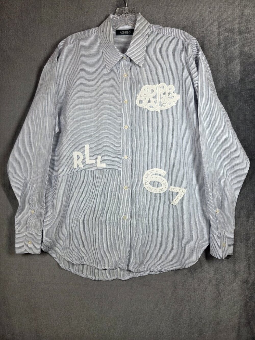 LRL Lace Appliqué Linen Tunic Top Women’s Size M Button Front Stripe Roll Tabs